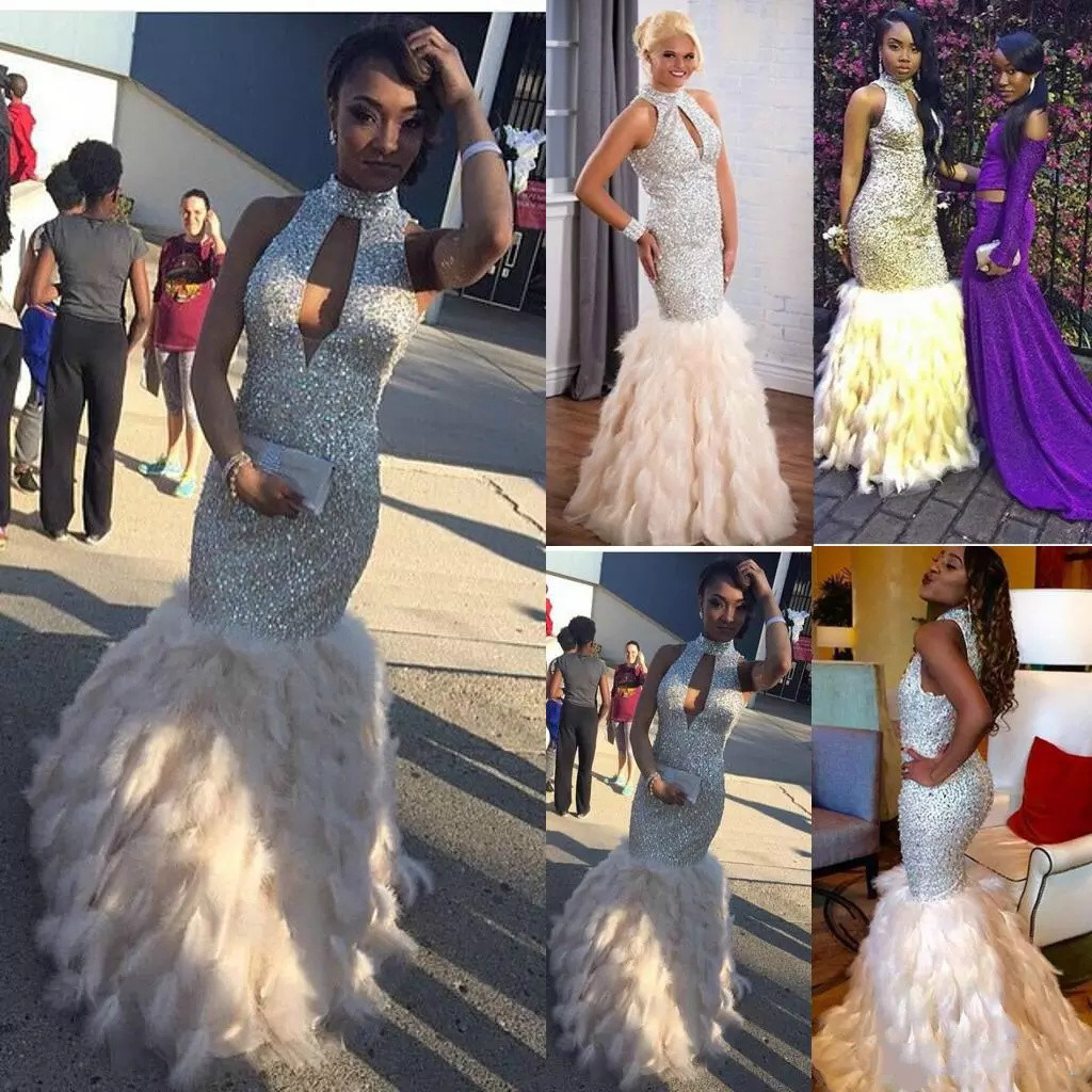 Stunning Sequined Feather African Prom Dresses Long Rhies Beaded High Neck Formal Gowns or Length Evening Dress For Women Plus Size