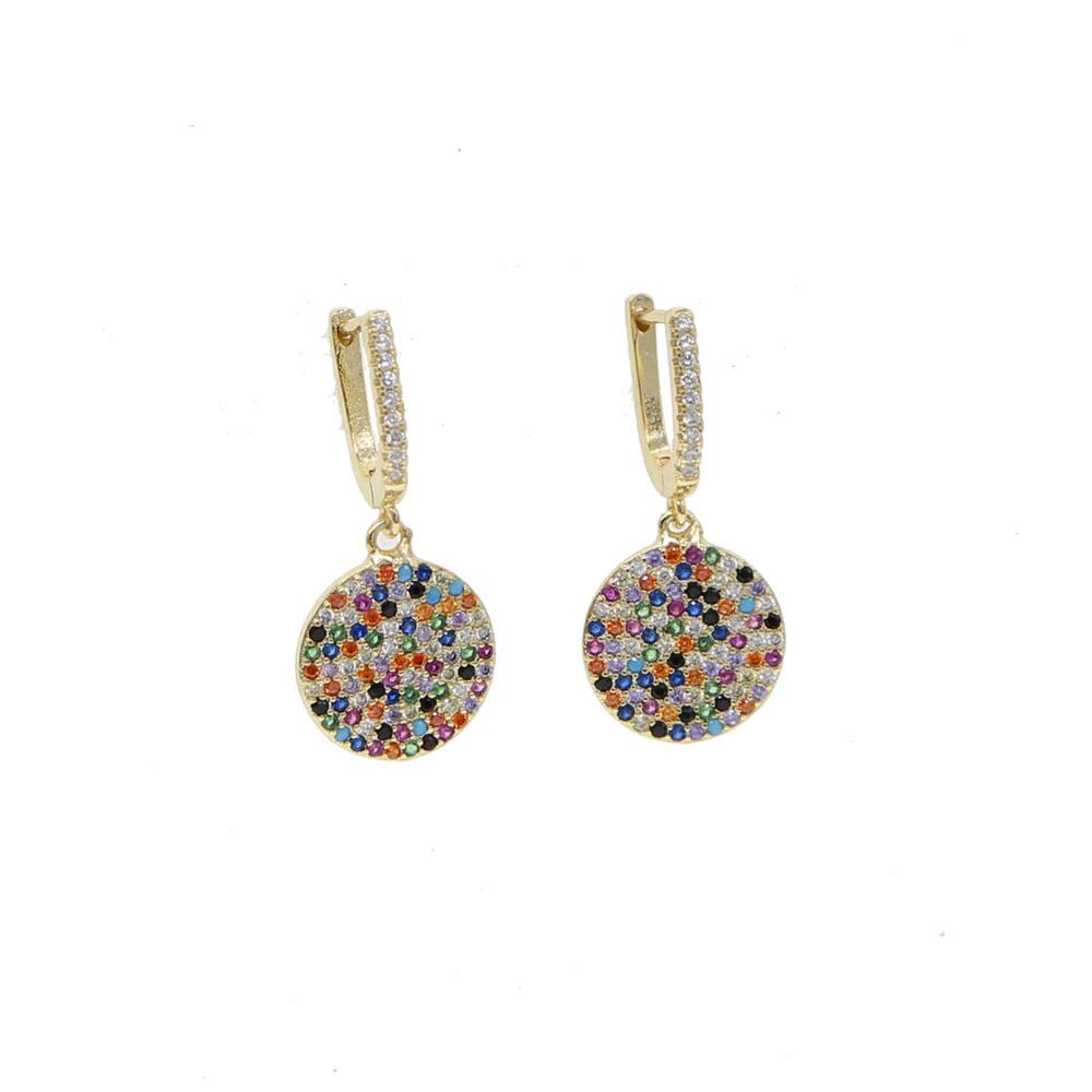 rainbow cz dangling earring for women gold plated elegance round disco charm with colorful cz fashion charm drop earrings