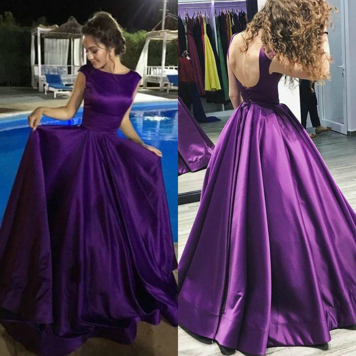 High Quality Purple Evening Dresses Long Satin Backless Ruffles Sweep Train Formal Party Prom Dress Runway Fashion