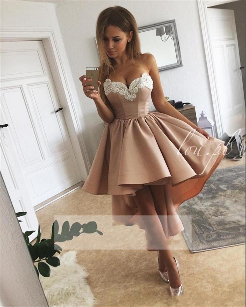 2018 Vintage Cheap Women Cocktail Dresses Sweetheart Party Dress High Low Length White Lace Appliques Blush Pink Satin Homecoming Gowns