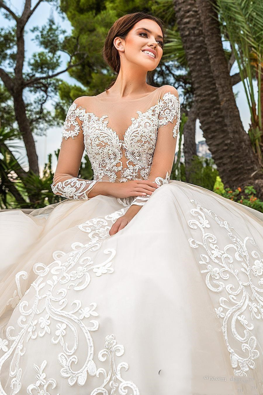 Vintage Long Sleeve A e Wedding Dresses Bridal Gowns Sheer Necke Illusion Lace Appliques Court Train Vestidos De Novia Arabic Bride Dress