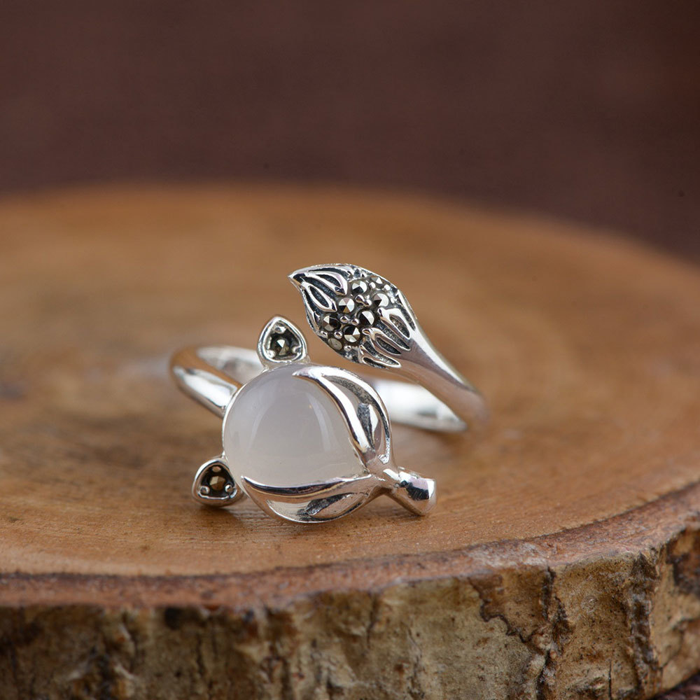 925 Sterling Silver Fox Ring Natural Yellow Green White Stone 100% Real S925 Thai Silver Rings for Women Jewelry Adjustable Size D18111306