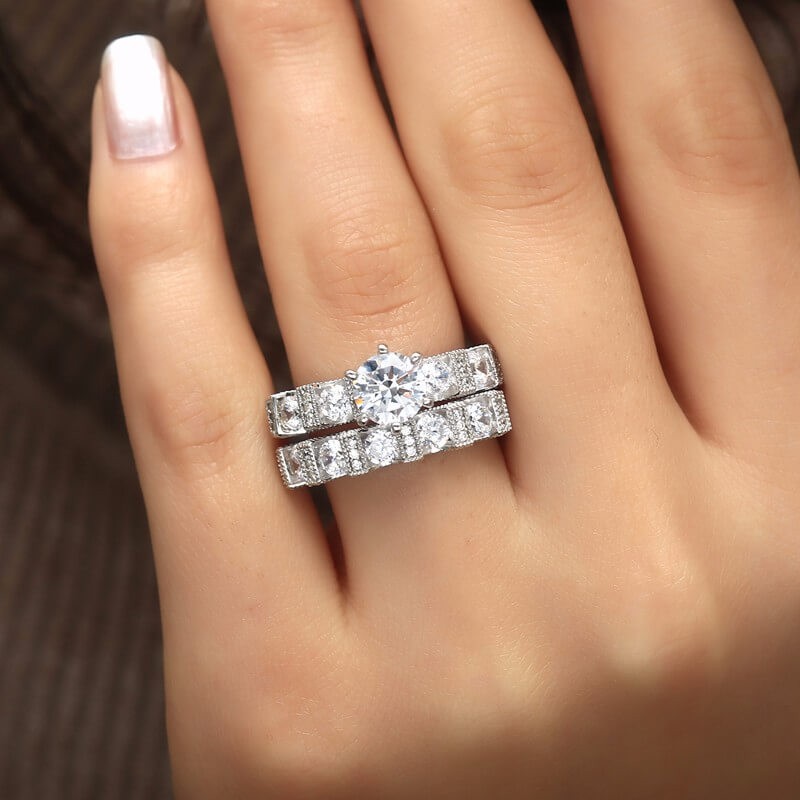 Unique Vintage Choucong Couple Rings: Sier, Retro Eternity, Round Cut White Topaz CZ Dia Women's Bridal Ring Set