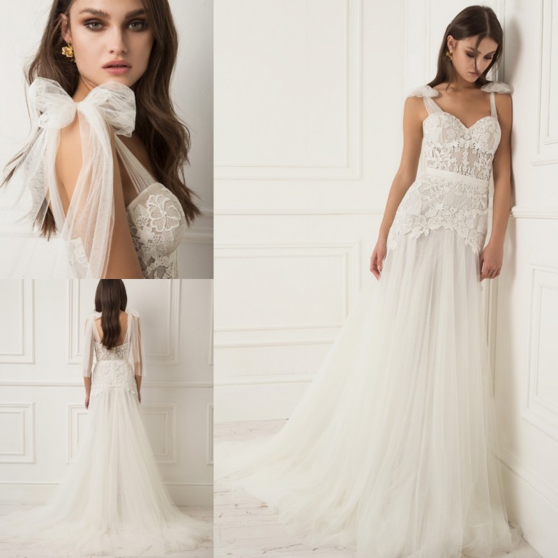 lihi hod tulle beach wedding dresses a line boho bridal gowns backless robe de marie spaghetti neck lace wedding dress