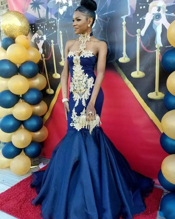 Halter Royal Blue Mermaid Dresses Satin Gold Applique or Length African Prom Dress Evening Wear Party Gowns Plus Size Vestidos