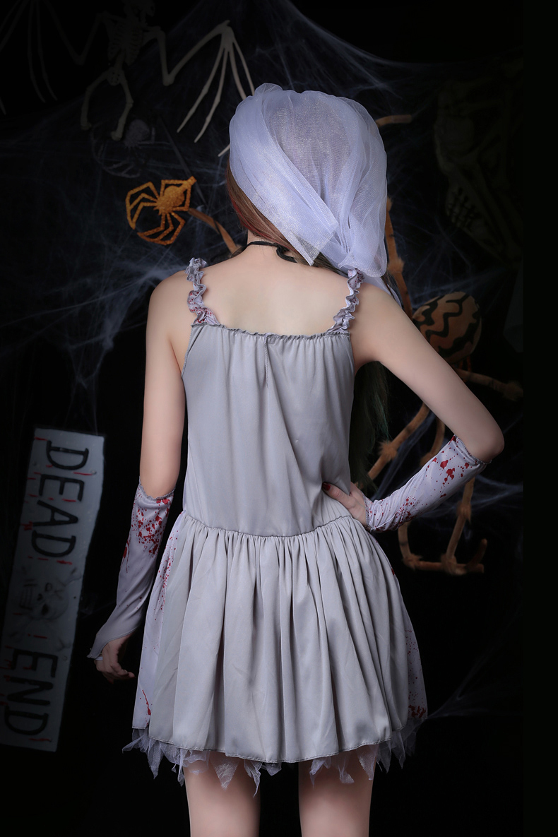 2018 New Arrival Halloween Costumes For Adults Vampire Bride Short Spaghetti Printed Blood Ployester Party Dress With Gloves + Veil In Stock