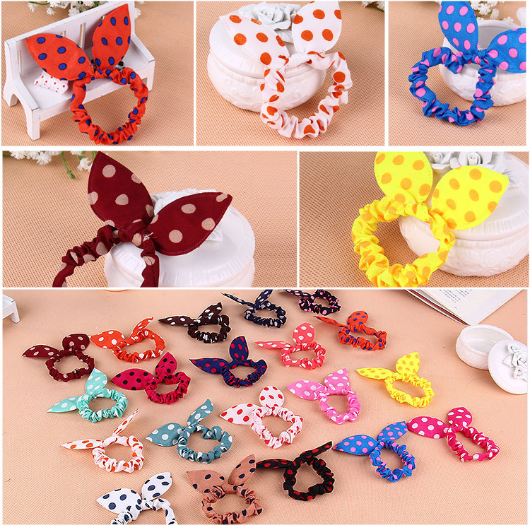 100Pcs/lot Children women Hair Band Cute Polka Dot Bow Rabbit Ears Headband Girl Ring Scrunchy Kids Ponytail Holder Hair Accessories