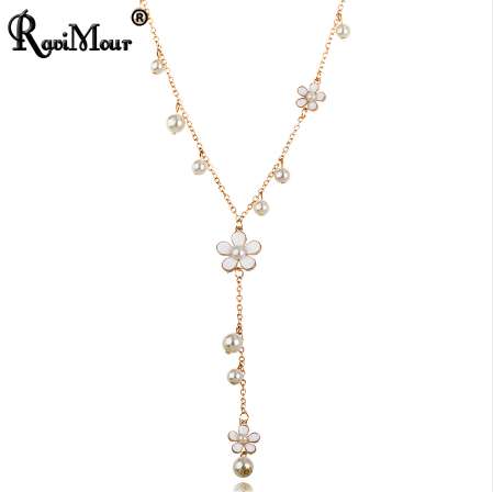 RAVIMOUR Flower Long Necklace for Women Fashion Simulated Pearl Jewelry Tassel Perlas Necklaces & Pendants Bijoux Femme Perle