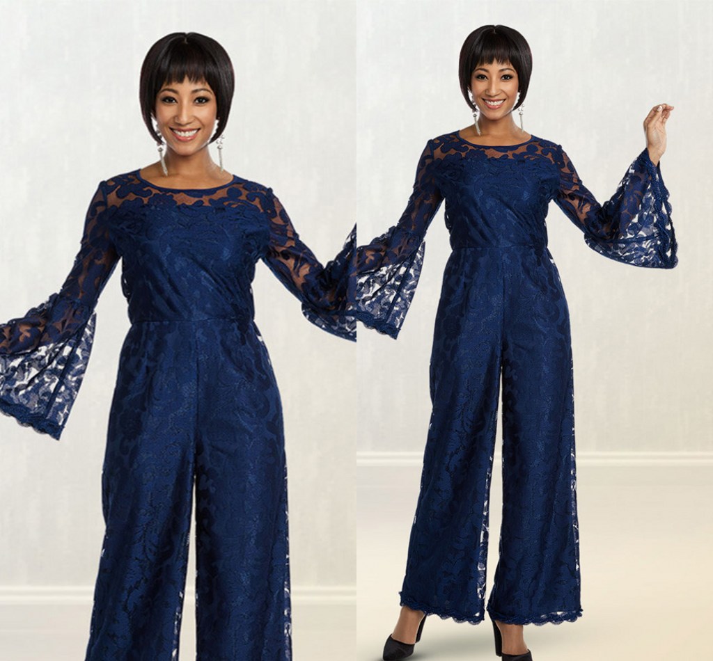 Jumpsuits Blue New Mother Of Bridal Pant Suits For Wedding Formal Outfit Garment Long Sleeve Lace Appliqued Prom Evening Dress