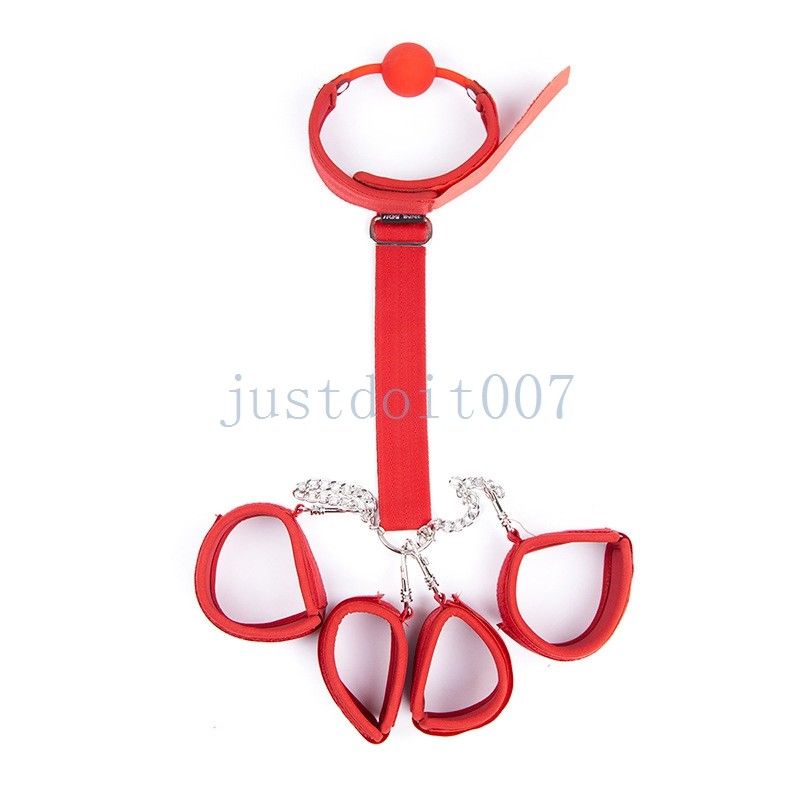 Bondage Wrist to Collar Handcuffs Ankle Cuffs Mouth Gag Neck Restraint Straps chain new #R56