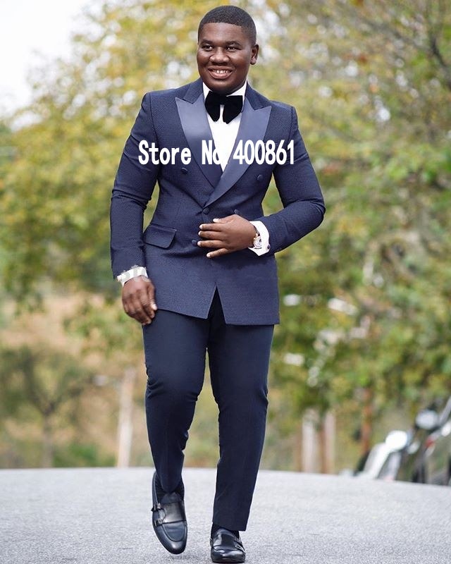 Stylish Design Groom Tuxedos Double Breasted Navy Blue Peak Lapel Groomsmen Best Man Suit Mens Wedding Suits (Jacket+Pants+Tie) NO:866