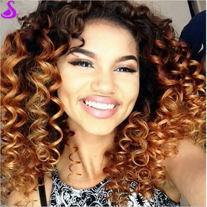 Ombre Brown wig short afro kinky Curly Synthetic Lace Front Wig Glueless Heat Resistant Natural Hair Wigs For black Women 180 Density