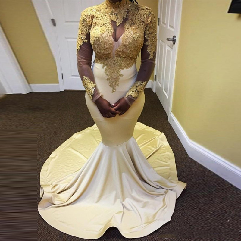 Gold and White Mermaid Prom Dresses 2018 High Neck Long Sleeve Lace Applique Evening Dresses Prom Gowns Weding Party Guest Dresses, Champagne
Gold and White Mermaid Prom Dresses 2018 High Neck Long Sleeve Lace Applique Evening Dresses Prom Gowns Weding Party Guest Dresses, Champagne