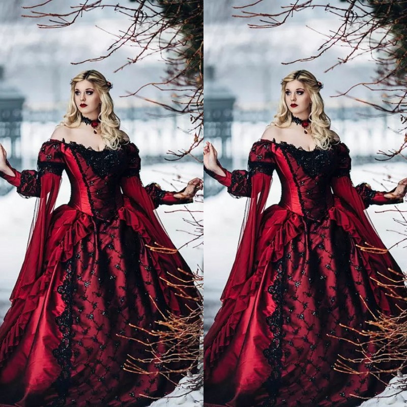 Vintage Medieval Red and Black Gothic Wedding Dresses Off Shoulder Long Sleeves Lace Appliques Chapel Train Victorian Bridal Gowns Fall 2018