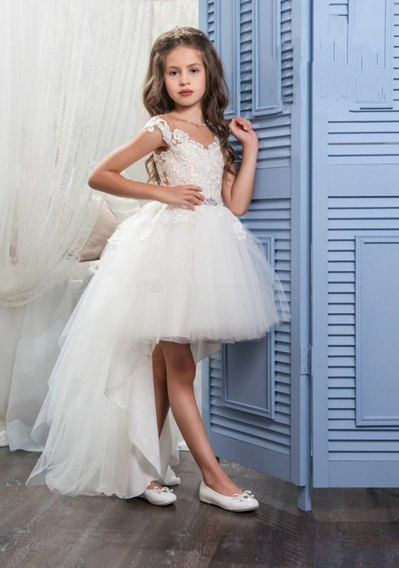 High 2018 Cute Low Wer For Weddings Sheer Neck Illusion Cap Sleeves Lace Tulle Sashes Pearls Princess Girls Pageant Dresses