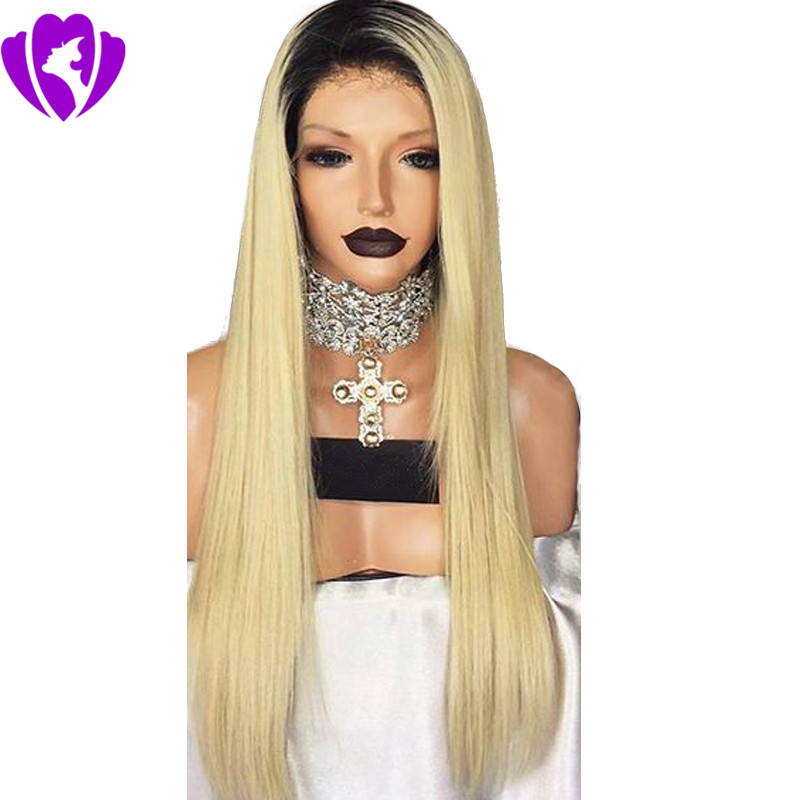 High quality silk straight blonde lace front wig Ombre Wigs Two Tone Natural Black roots synthetic lace front wig for black women