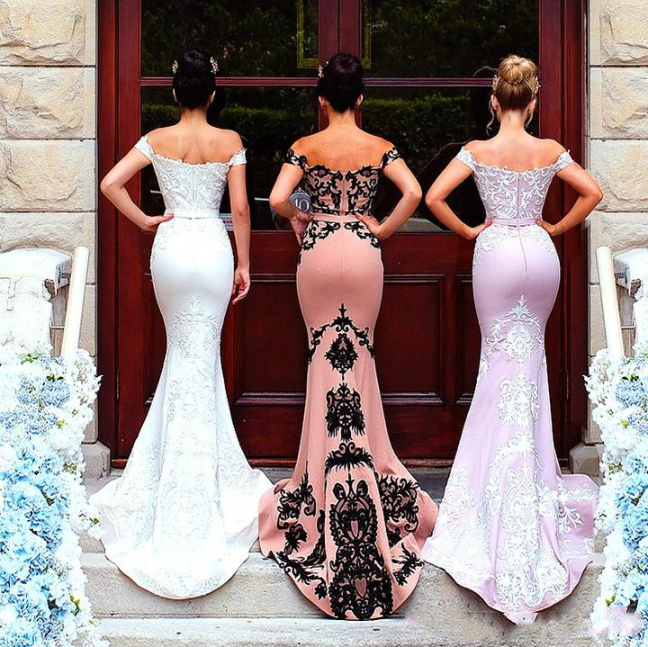 Stunning Mermaid Country Bridesmaids Dresses Off The Shoulder Lace Appliqued Wedding Guest Dress Cheap Sweep Train Maid Of Honor Gowns