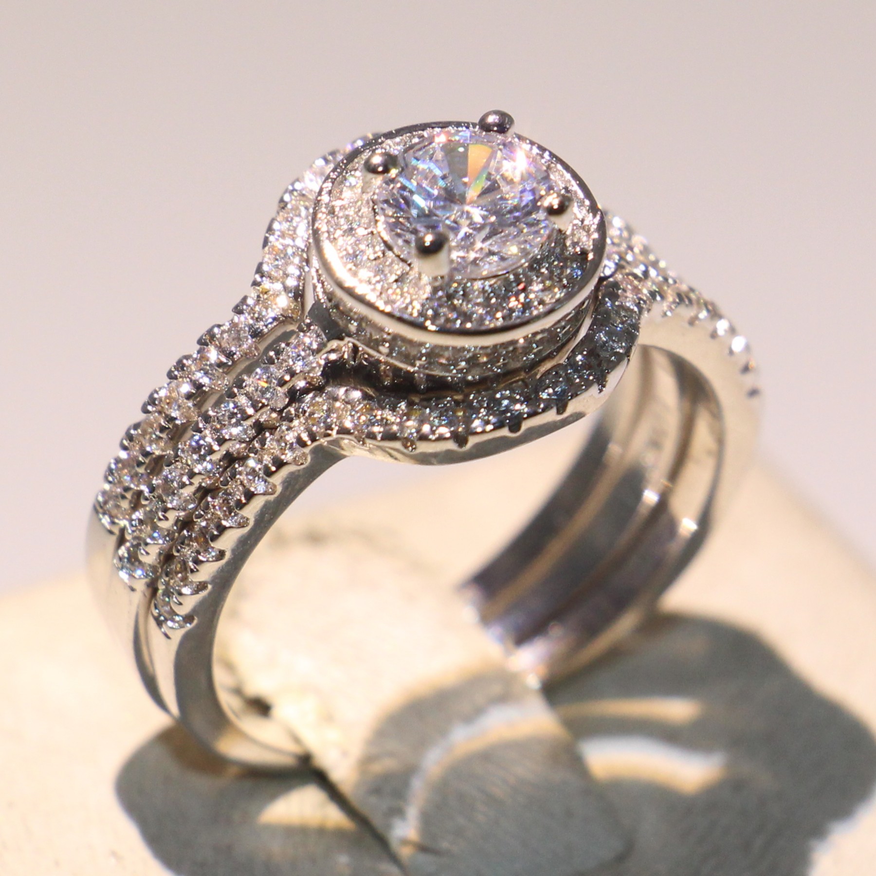 10KT White Gold Fill Topaz Pave CZ Dia 3pcs Wedding Band Ring for Women