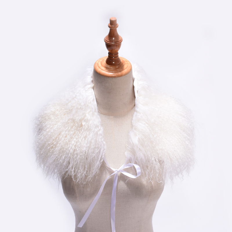 Real Mongolia Sheep Fur Collar Scarf for Jacket Coat Beach Wool With Straps Solid Black White Women Genuine Fur Collar Winter S18101904