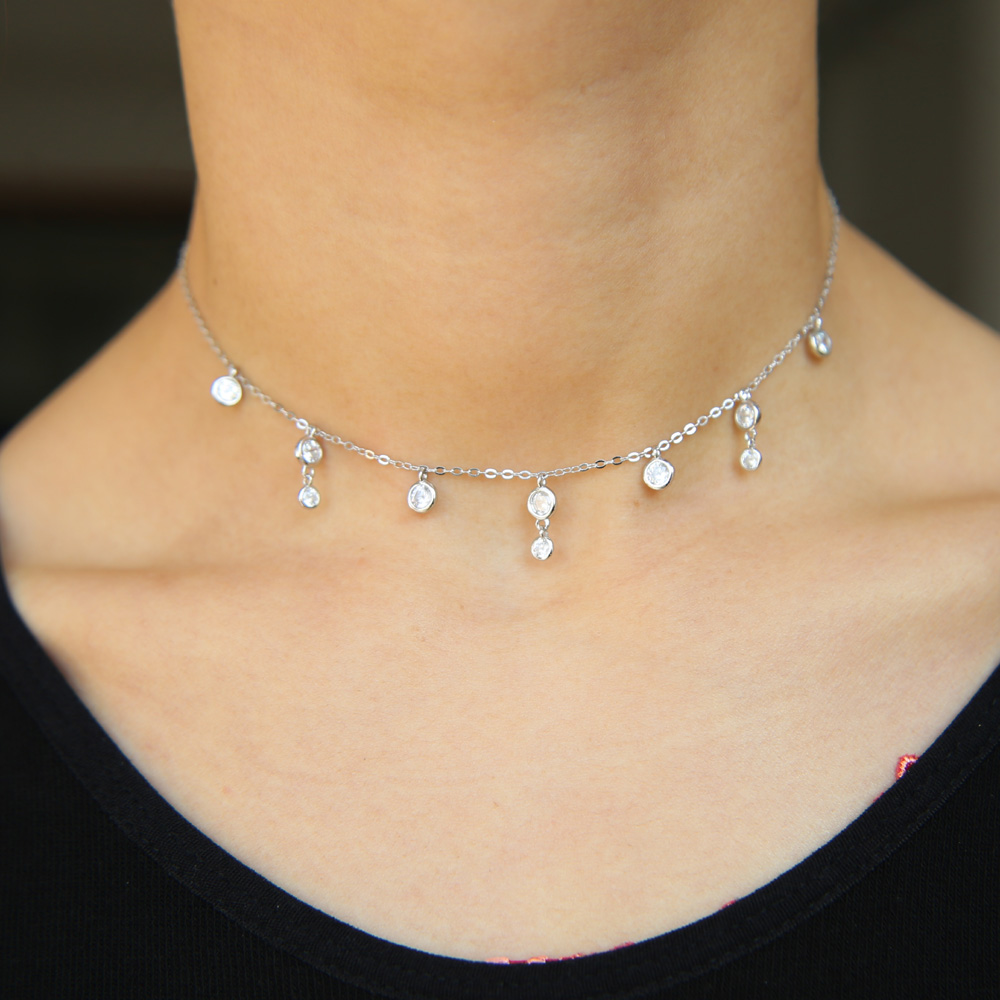 Cz diamond drop charm necklace choker collarbone bezel round cz charm lovely adorable women gift 925 sterling silver jewelry