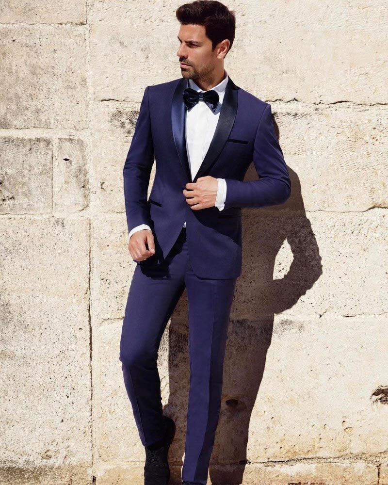 Dark Blue Groom Tuxedos Groomsman Slim Fit Business Suits Bridegroom Lapel Trim Custom Made Wedding Mens Suits (Jacket+Pants)