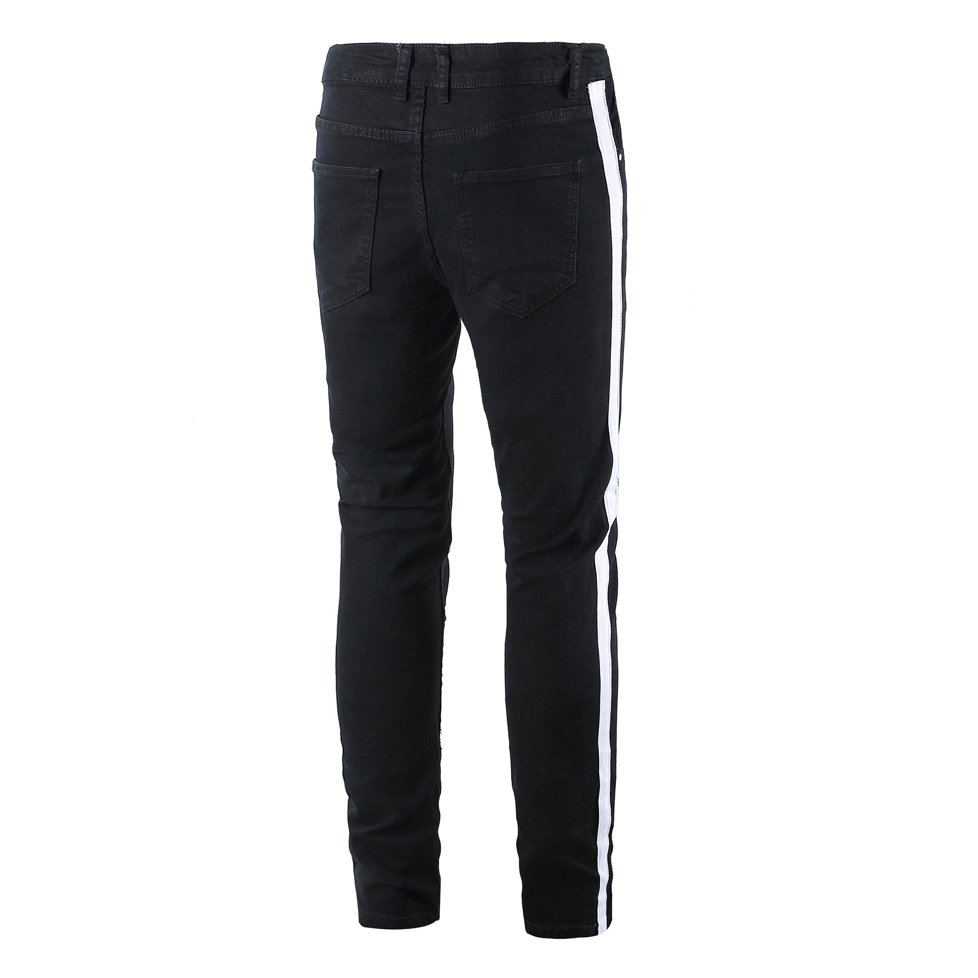 Mens Side Striped Black Jeans Elastic Long Pencil Pants Ripped Hiphop Style Holes