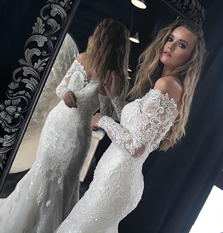 mermaid long sleeves wedding dresses lace appliques off the shoulder sexy bridal gowns court train trumpet vestidos de mariee