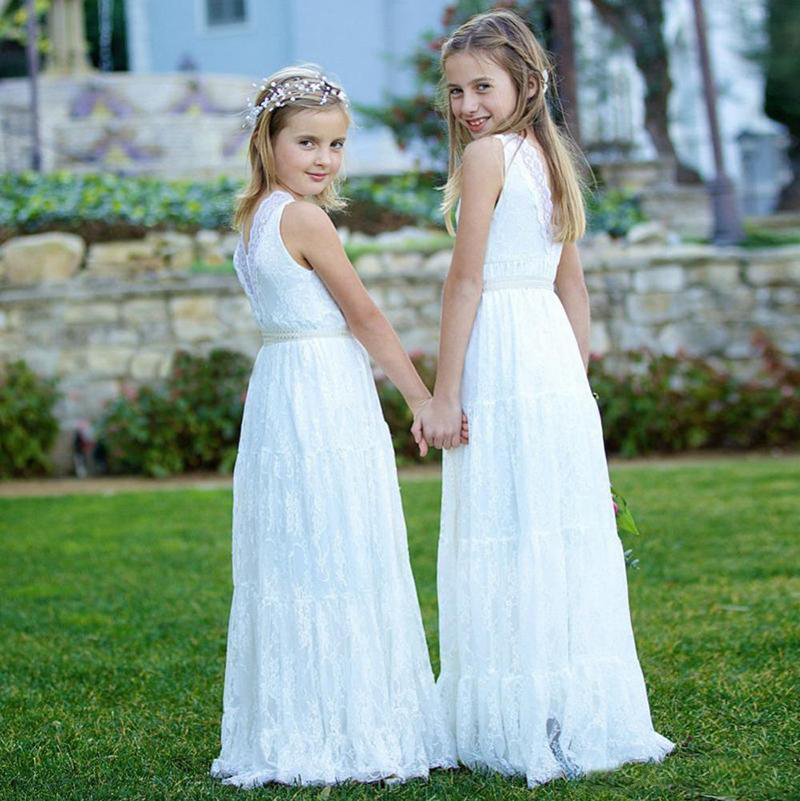 White V Neck Weddings Guest Cheap Long Beach Flower Girl Dresses Vintage Lace Girls Birthday Party Dress 0521