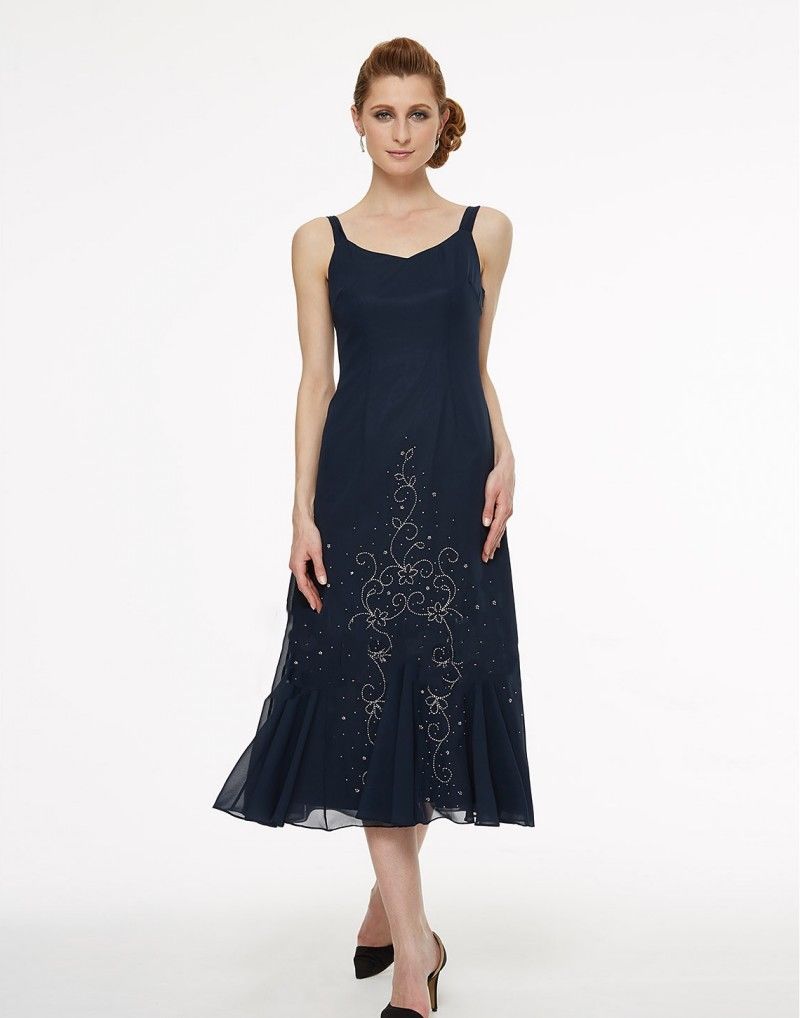 Navy Beaded Mother of the Bride Dresses With Jacket Tea Length Wedding Party Formal Evening Gowns Plus Size Mothers Groom Dress