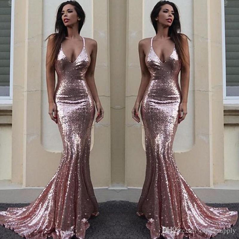Rose Gold Sequined Prom Dresses Sparkle V Neck Spaghetti Straps Backless Gold Evening Gowns Criss Cross Back Special Occasion Dresses