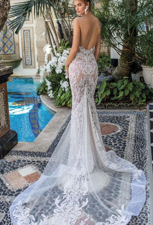 2019 Berta Lace Wedding Dresses With Detachable Train Sheer Jewel Backless Mermaid Bridal Dress Handcrafts Beaded Plus Size Wedding Gowns