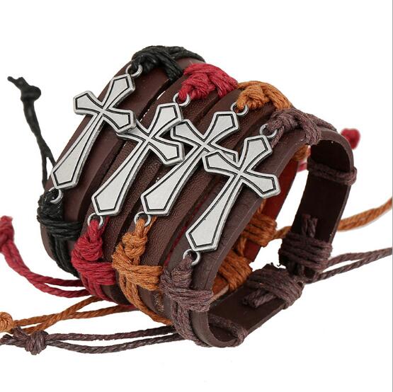 2018 hot sales 100% Genuine Leather Bracelets 15 style selection religious cross Bracelets Men Women Jewelry Charm Leather Bracelet