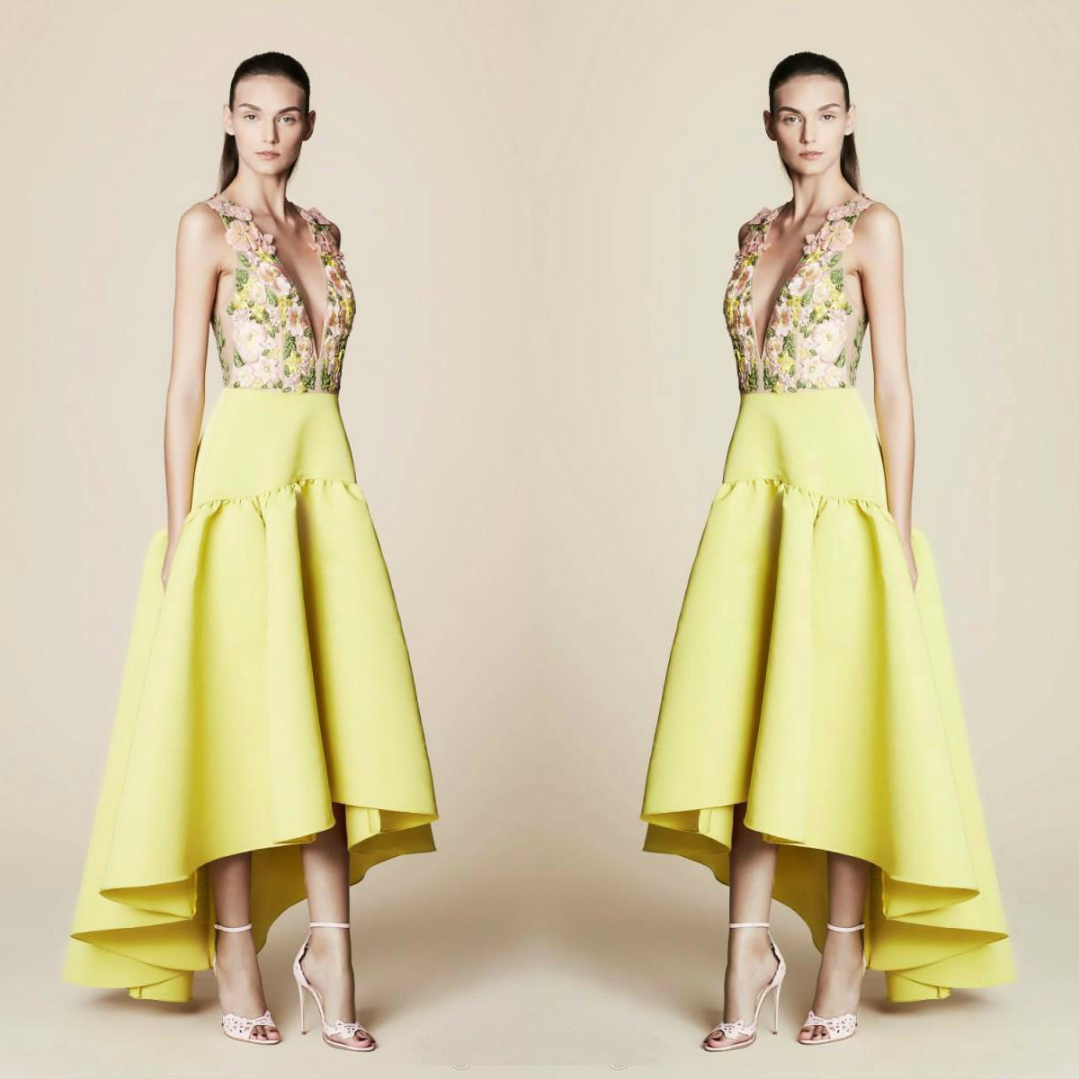 Tony Ward 2018 Prom Dress Light Yellow Sexy Deep V Neck Embroidery Flower Applique Hi Lo Party Gowns Evening Dresses