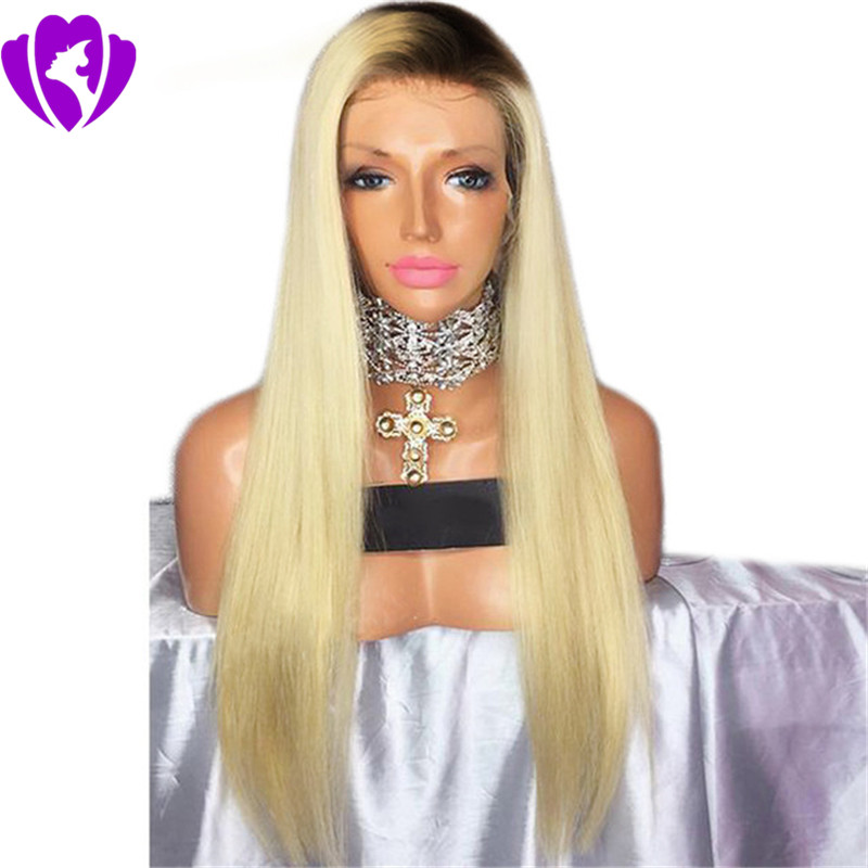 High quality silk straight blonde lace front wig Ombre Wigs Two Tone Natural Black roots synthetic lace front wig for black women