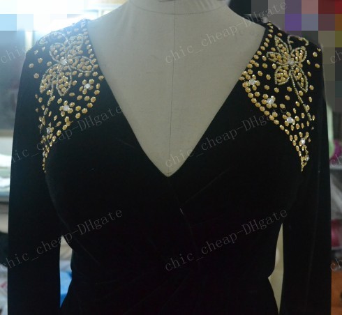 vneck long sleeves velvet crystal floor length sexy evening dresses custom made vintage evening gowns arabic prom dresses