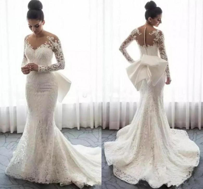 Sexy Lace Mermaid Sheer Neck Long Sleeves Appliques Wedding Dresses With Detachable Train Bridal Gowns 0522
