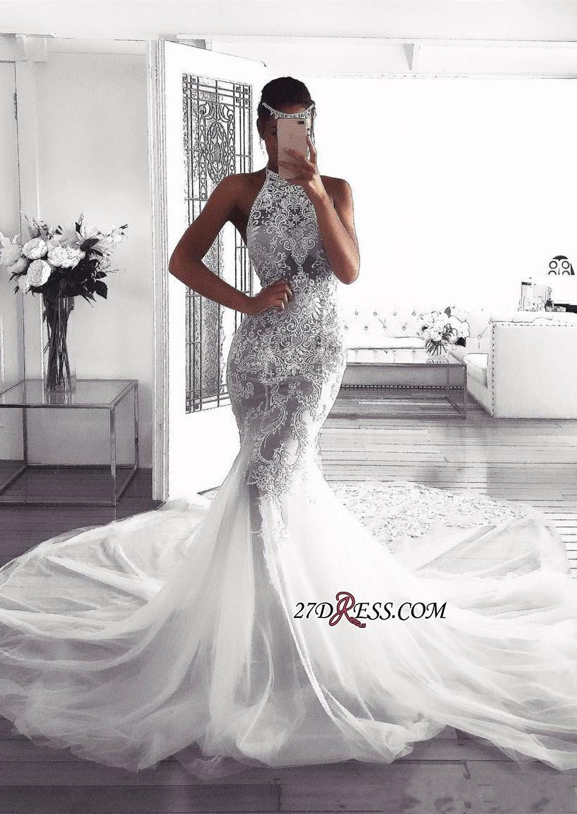2019 Newest Halter Neck Mermaid Wedding Dresses Sexy Illusion Bodice Lace Applique Bridal Gowns Robe De Mariage