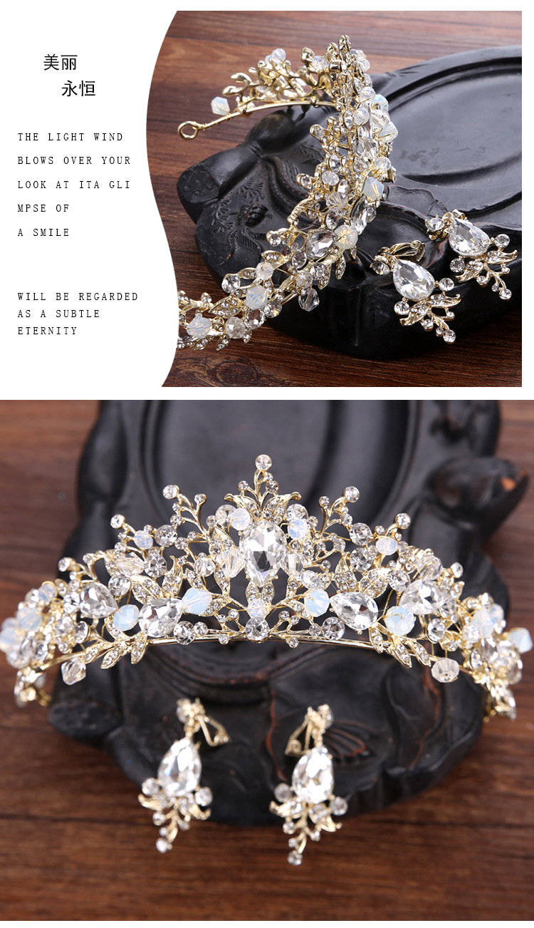 Fantasy Crystal Bridal Headpiece Crown Birthday Photography Rhinestone Leaf Tiaras Pink Hair Bridal Jewel Set With Earring half up Wedding Headpieces
