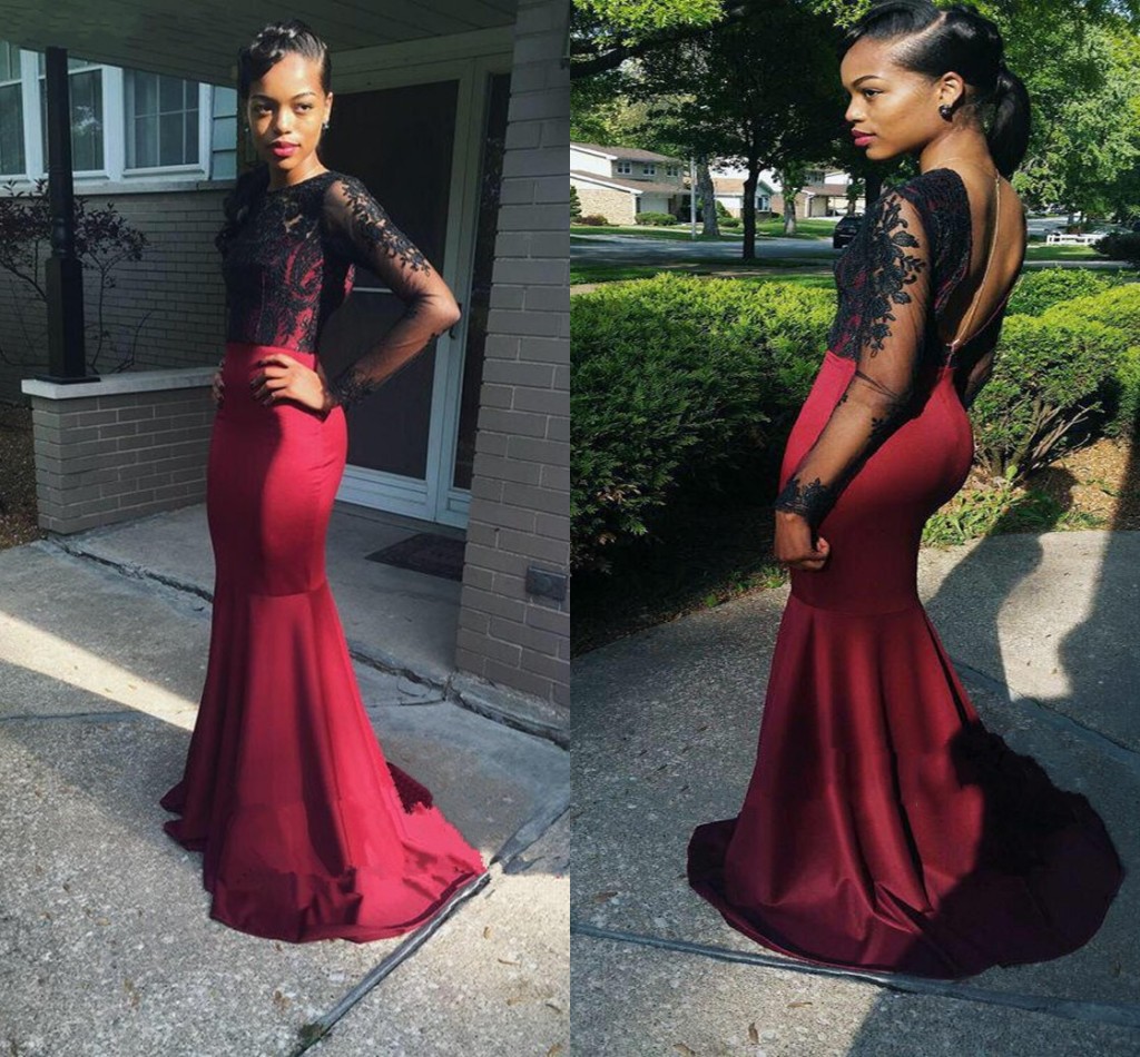 Sexy Black Lace Evening Prom Dresses Wine Red Satin Illusion Long Sleeves Cheap Open Back Plus size Black Women Formal Gowns 2018, Nude
Sexy Black Lace Evening Prom Dresses Wine Red Satin Illusion Long Sleeves Cheap Open Back Plus size Black Women Formal Gowns 2018, Nude