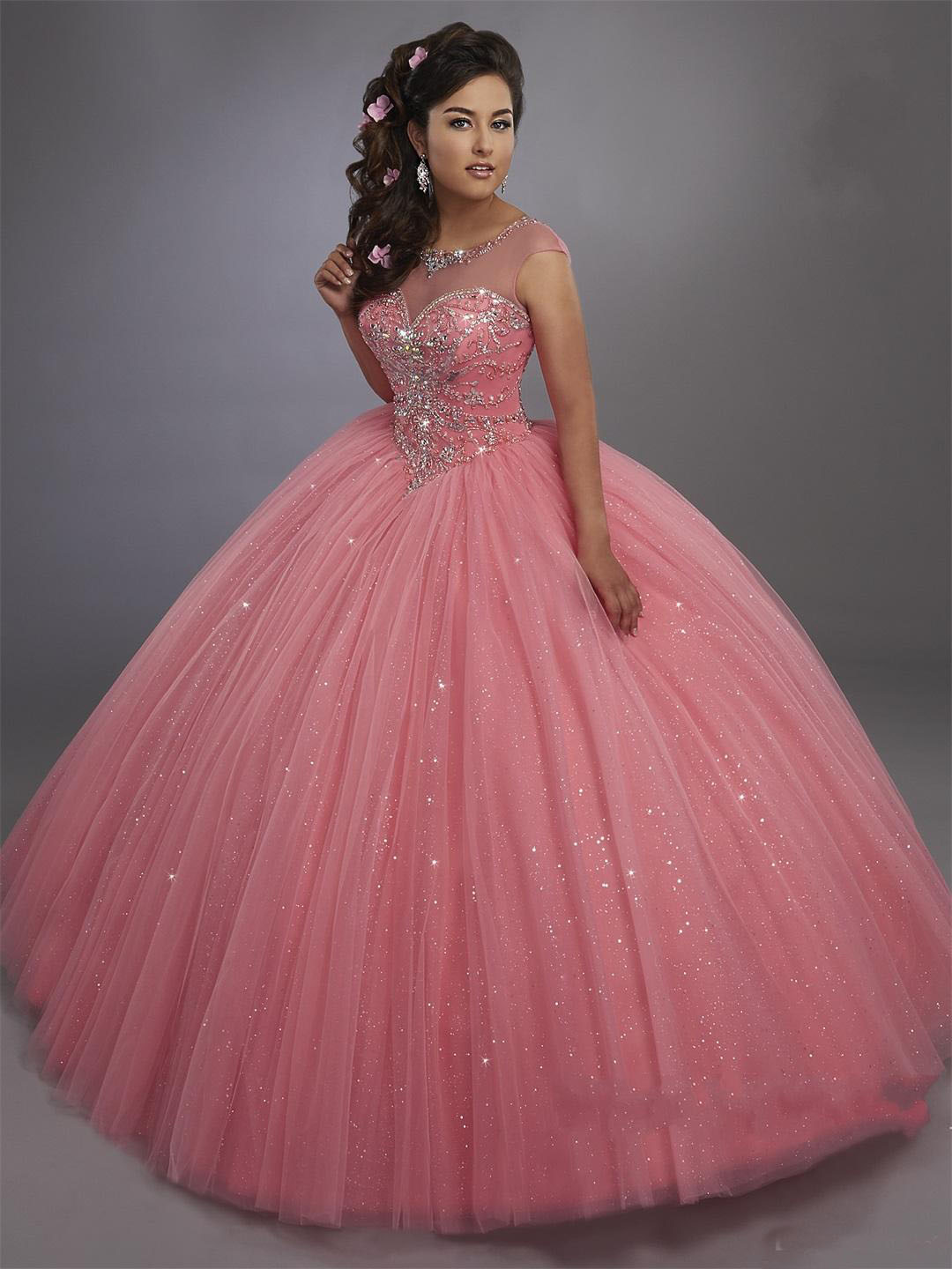 

2020 Calypso Ball Gown Quinceanera Dresses Illusion Scoop Neck and Lace Up Back Bling Bling Crystals Sweet 15 Dress Pageant Party Dresses, Orange