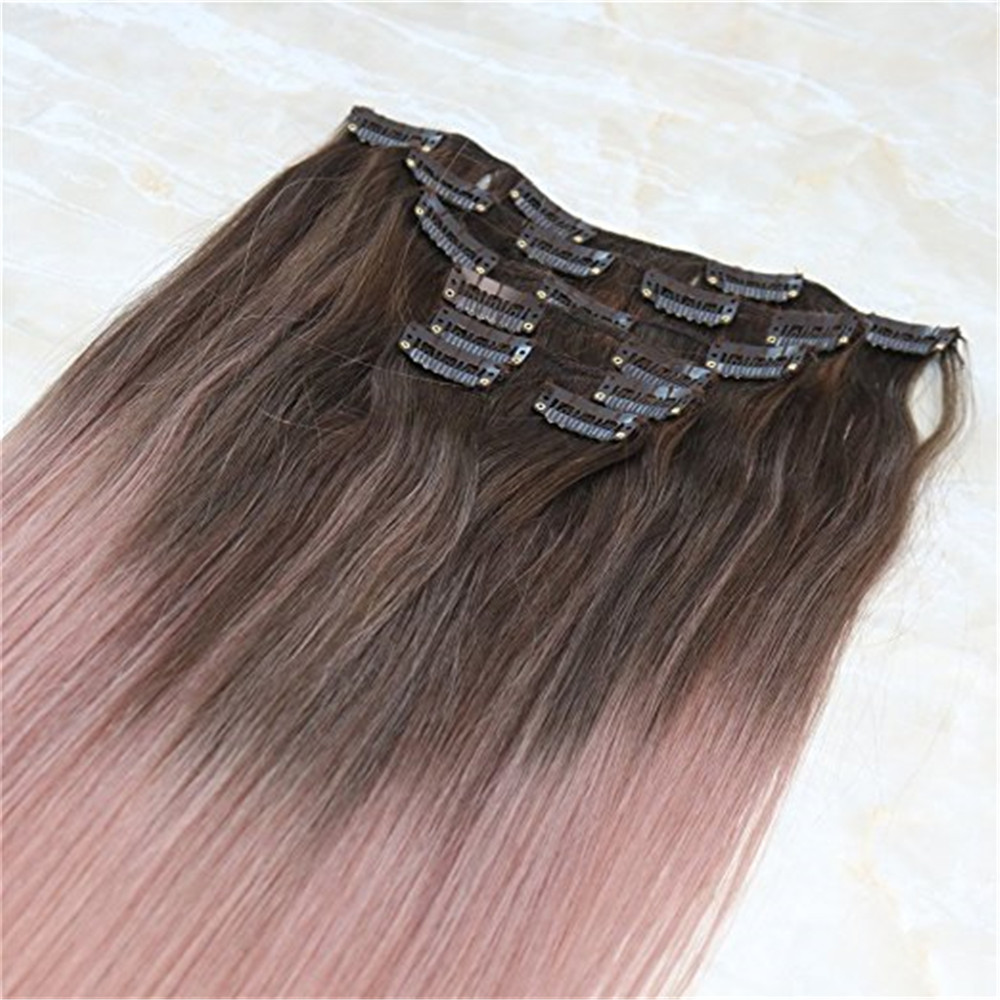 Omber Balayage Rose Gold One Piece Clip in Hair Extensions 5 clips Straight Remy Hair Salon Quality 9A Grade 3/4 Full Head