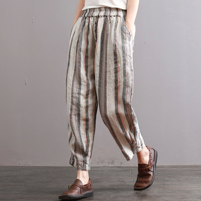 ZANZEA 2018 Women Elastic Waist Striped Casual Cotton Linen Retro Long Harem Pants Loose Pockets Pantalon Trousers Plus Size C18110901