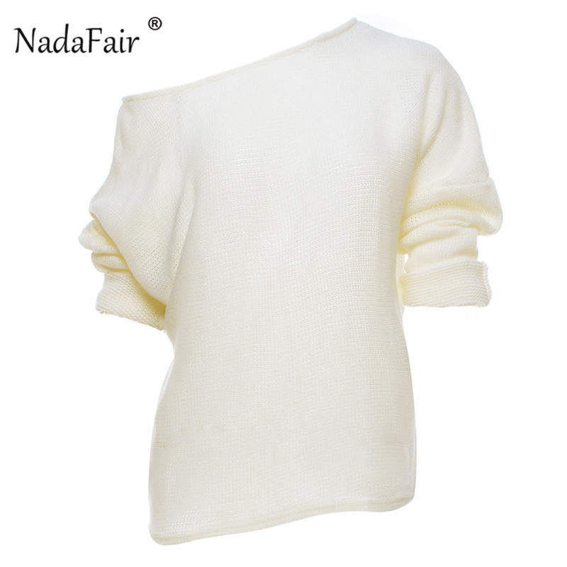 Nadafair sexy off shoulder loose knitted sweater women 2018 autumn winter slim solid casual sweater female knitting jumper tops S18100902