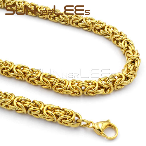 Fashion Jewelry Stainless Steel Necklace 5mm 7mm 9mm Gold Color Byzantine Link Chain For Mens Womens SC11 N