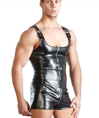 MOONIGHT PU Leather Men Sexy Playsuit Faux Latex Male Erotic Stage Costume Sex Lingerie Adult Products