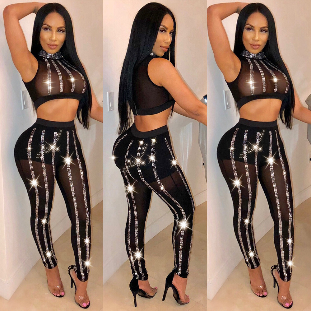 Women Two Piece Pants Outfits Sexy Sheer Bling Rhinestone Stripe Sleeveless Crop Top Slim Pant Set for Night Club Party Prom, Black
Women Two Piece Pants Outfits Sexy Sheer Bling Rhinestone Stripe Sleeveless Crop Top Slim Pant Set for Night Club Party Prom, Black