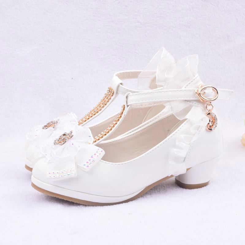 On Sale Children Party Leather Shoes Toddler Girls PU Low Heel Lace Flower Kids Shoes For Girls Single Shoes Dance Dress Shoe White Pink