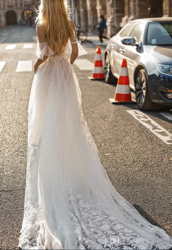 gali karten beach wedding dresses spaghetti illusion a line boho bridal gowns lace appliqued sweep train bohemian wedding dress