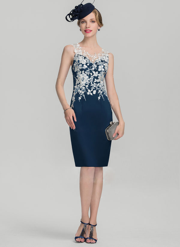 Dark Navy Lace Mother Of The Bride Dresses Sheer Jewel Neck Plus Size Bateau Neck Wedding Guest Dress Knee Length Satin Evening Gowns
