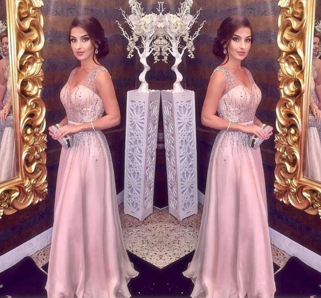 Elegant Blush Pink Evening Dresses Long 2022 A-Line Sexy Straps V Neck Major Beading Prom Party Red Carpet Dress Girls Pageant Gowns